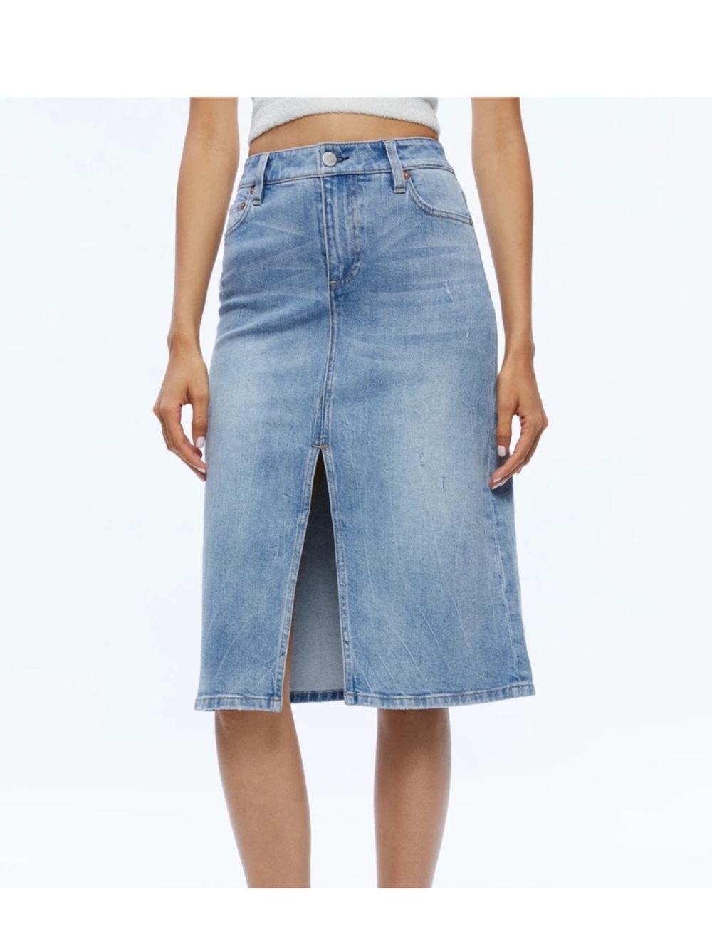 Alice + Olivia Light Blue Midi Denim Skirt with Front Slit